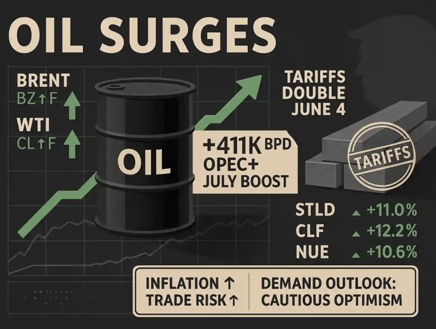 Oil barrel with +411K BPD OPEC+ boost, rising Brent and WTI arrows, steel tariff graphic, Trump silhouette, inflation and trade risk warnings, and steel stock gains.