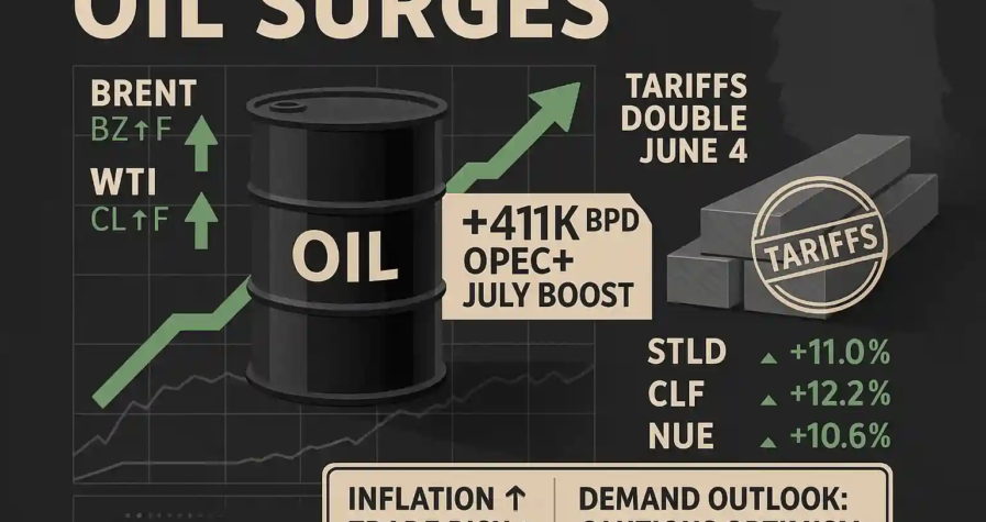 Oil barrel with +411K BPD OPEC+ boost, rising Brent and WTI arrows, steel tariff graphic, Trump silhouette, inflation and trade risk warnings, and steel stock gains.