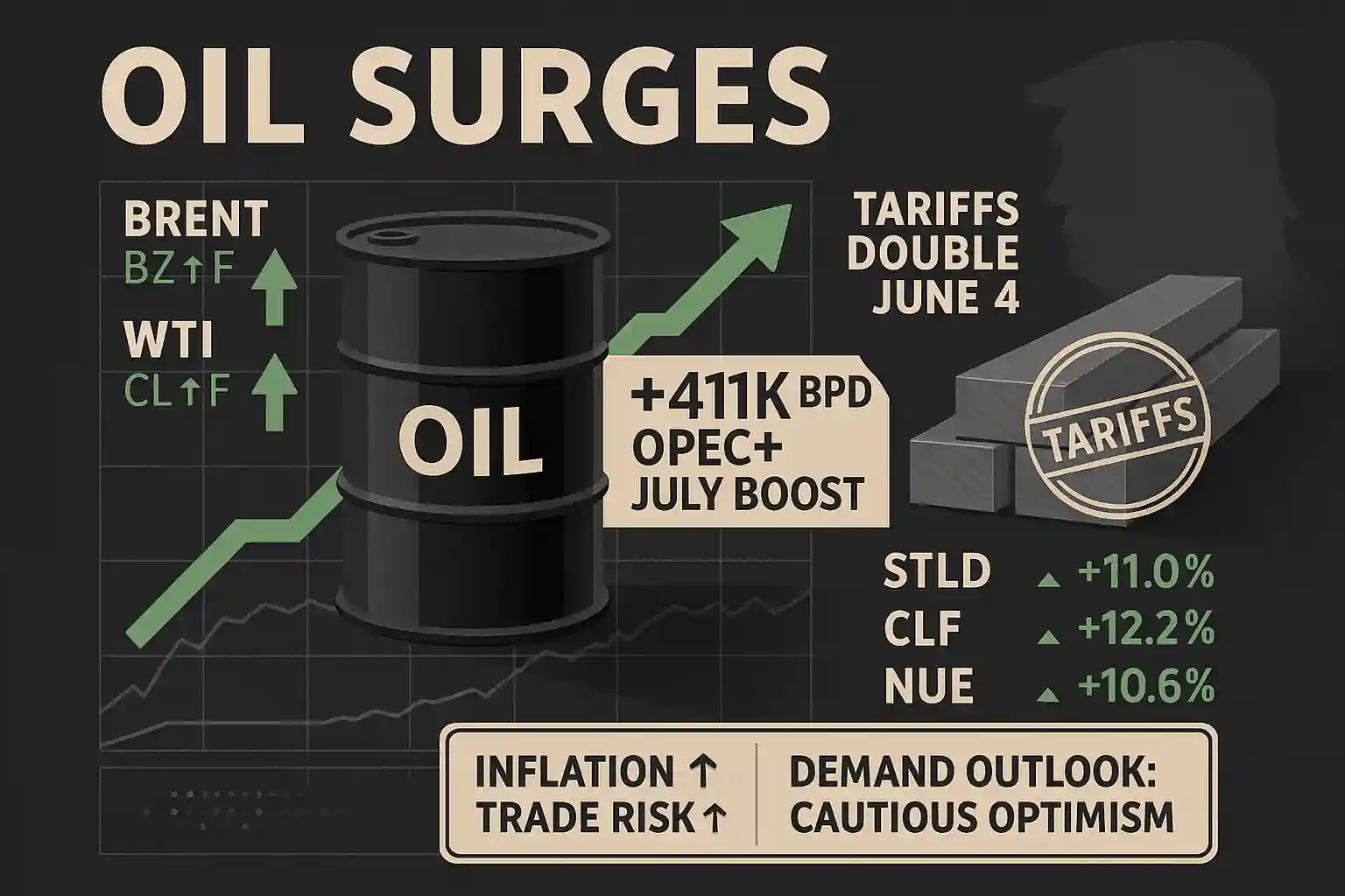 Oil barrel with +411K BPD OPEC+ boost, rising Brent and WTI arrows, steel tariff graphic, Trump silhouette, inflation and trade risk warnings, and steel stock gains.