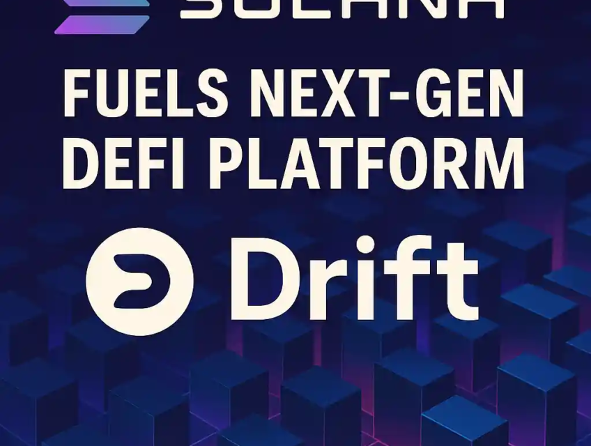Graphic showing Solana powering the next-gen DeFi platform Drift, with logos on a 3D blockchain grid background in deep blue and purple tones.