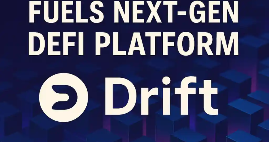 Graphic showing Solana powering the next-gen DeFi platform Drift, with logos on a 3D blockchain grid background in deep blue and purple tones.