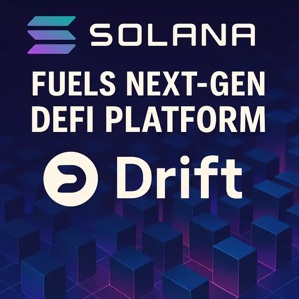 Graphic showing Solana powering the next-gen DeFi platform Drift, with logos on a 3D blockchain grid background in deep blue and purple tones.