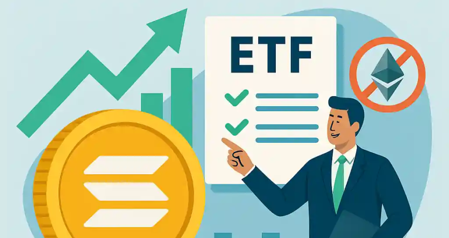 Digital illustration of a golden Solana coin, ETF form, and upward green arrow, representing Solana’s 5% surge on ETF approval momentum.