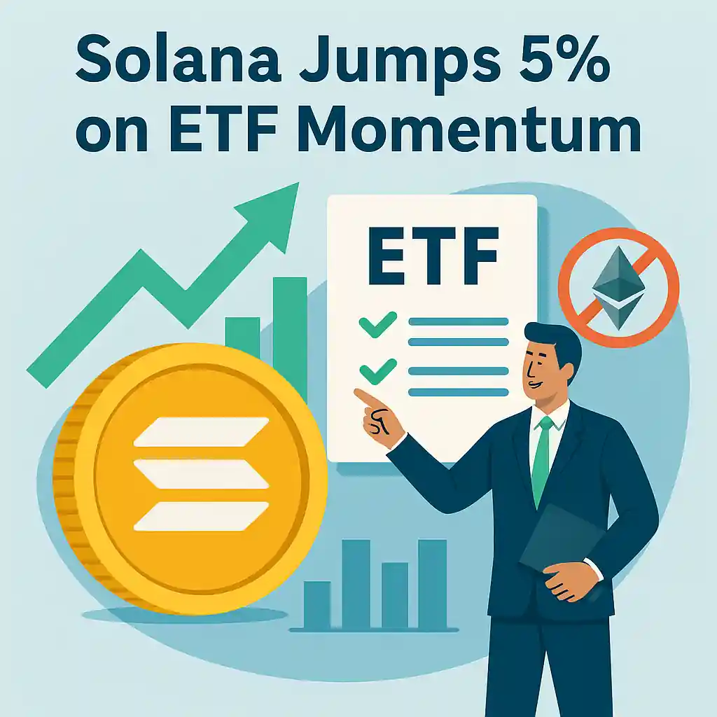 Digital illustration of a golden Solana coin, ETF form, and upward green arrow, representing Solana’s 5% surge on ETF approval momentum.