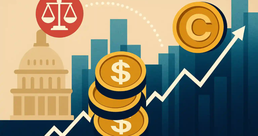 Conceptual illustration of stablecoin growth with U.S. regulation and financial charts.