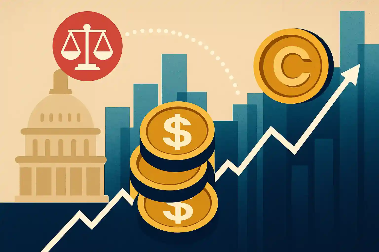 Conceptual illustration of stablecoin growth with U.S. regulation and financial charts.