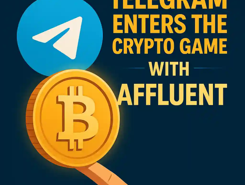 Illustration showing the Telegram logo above a golden Bitcoin coin with bold text announcing Telegram’s entry into the crypto market through Affluent.