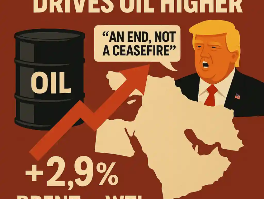 Infographic shows Trump, oil barrel, Middle East map, and upward arrow with +2.9% oil surge, Brent at $75, WTI at $74.