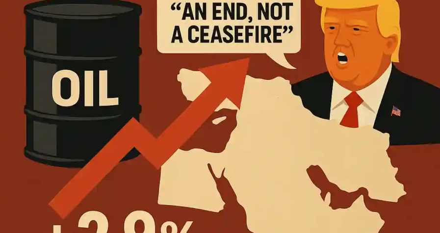Infographic shows Trump, oil barrel, Middle East map, and upward arrow with +2.9% oil surge, Brent at $75, WTI at $74.