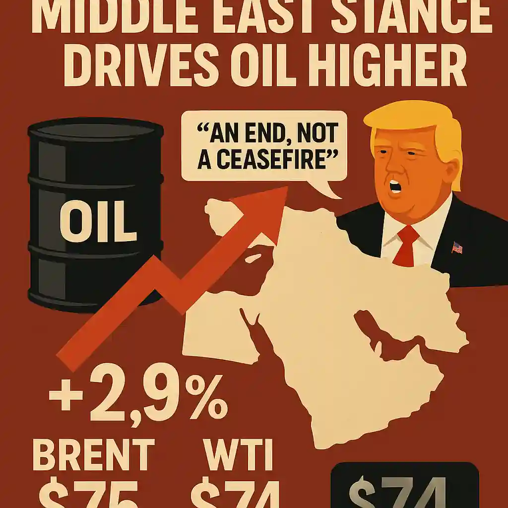 Infographic shows Trump, oil barrel, Middle East map, and upward arrow with +2.9% oil surge, Brent at $75, WTI at $74.