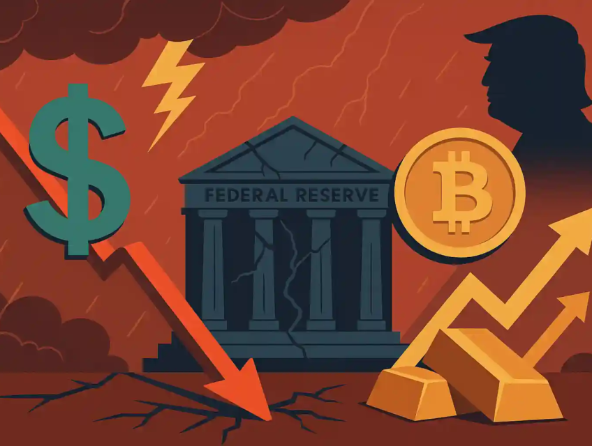 Illustration of the U.S. dollar falling amid Fed instability and political pressure, with Bitcoin and gold rising.