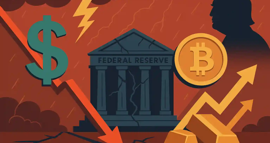 Illustration of the U.S. dollar falling amid Fed instability and political pressure, with Bitcoin and gold rising.