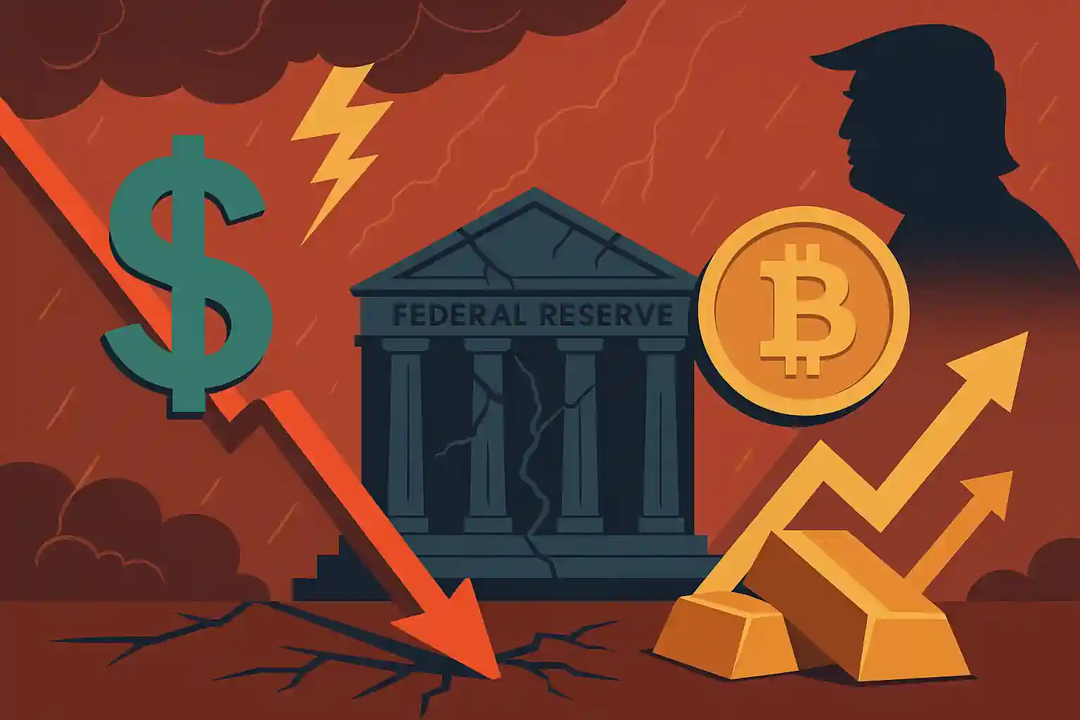 Illustration of the U.S. dollar falling amid Fed instability and political pressure, with Bitcoin and gold rising.