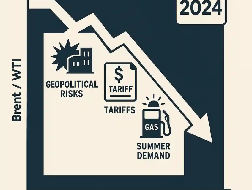 Infographic showing a declining oil price graph with icons for tariffs, global conflict, technical resistance, and subdued summer demand.