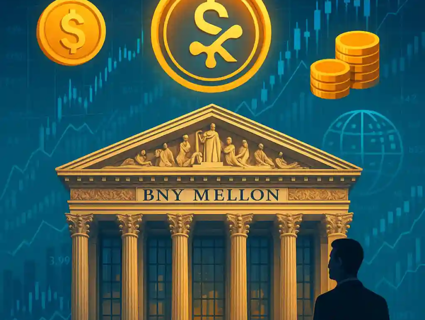 BNY Mellon building with Ripple and dollar icons representing leadership in stablecoin custody