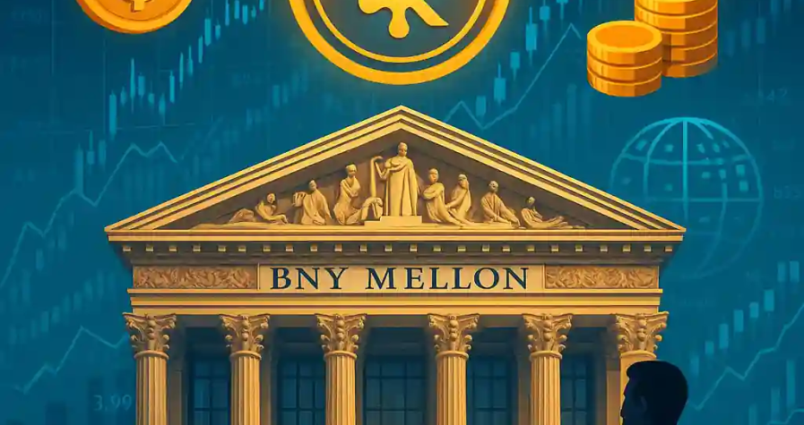 BNY Mellon building with Ripple and dollar icons representing leadership in stablecoin custody