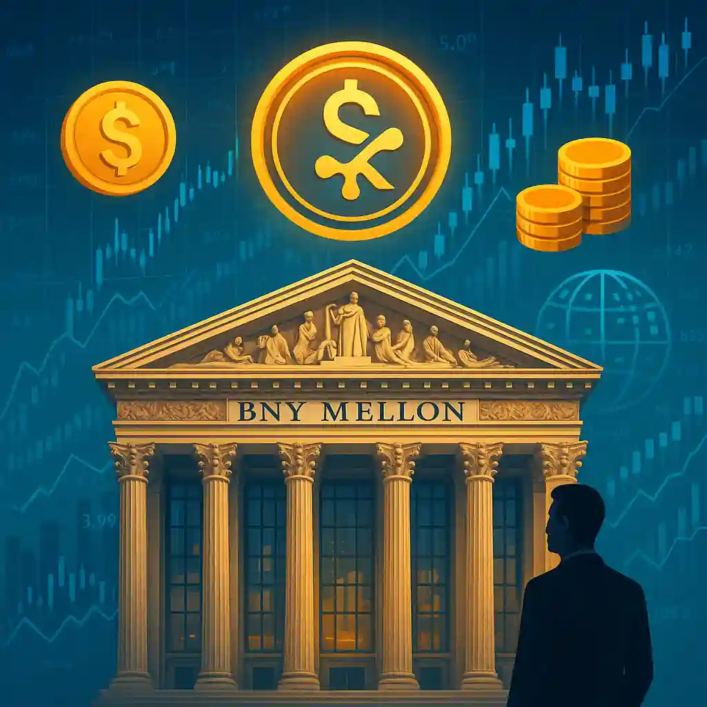 BNY Mellon building with Ripple and dollar icons representing leadership in stablecoin custody