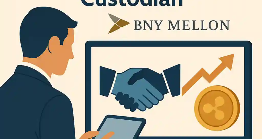 Businessman viewing Ripple coin and handshake icon on screen, highlighting BNY Mellon’s new role in stablecoin custody.