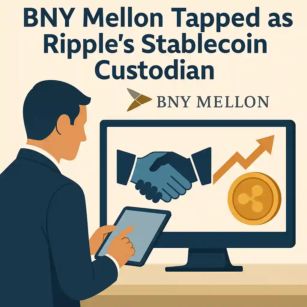 Businessman viewing Ripple coin and handshake icon on screen, highlighting BNY Mellon’s new role in stablecoin custody.