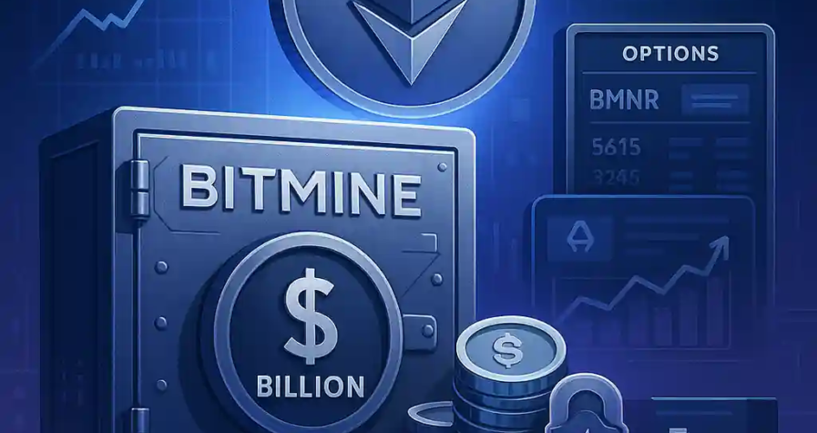 Ethereum coin above a BitMine vault marked $2 billion, with charts, staking shields, options screens, and a progress bar showing 5% ETH supply goal.