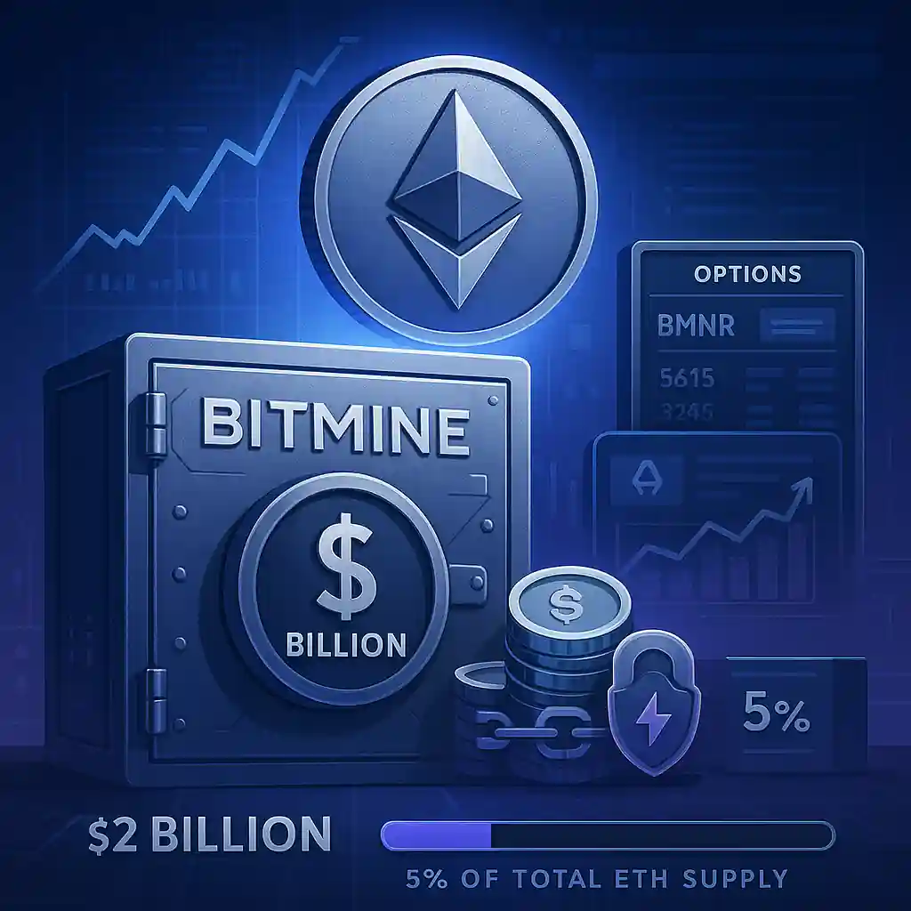 Ethereum coin above a BitMine vault marked $2 billion, with charts, staking shields, options screens, and a progress bar showing 5% ETH supply goal.