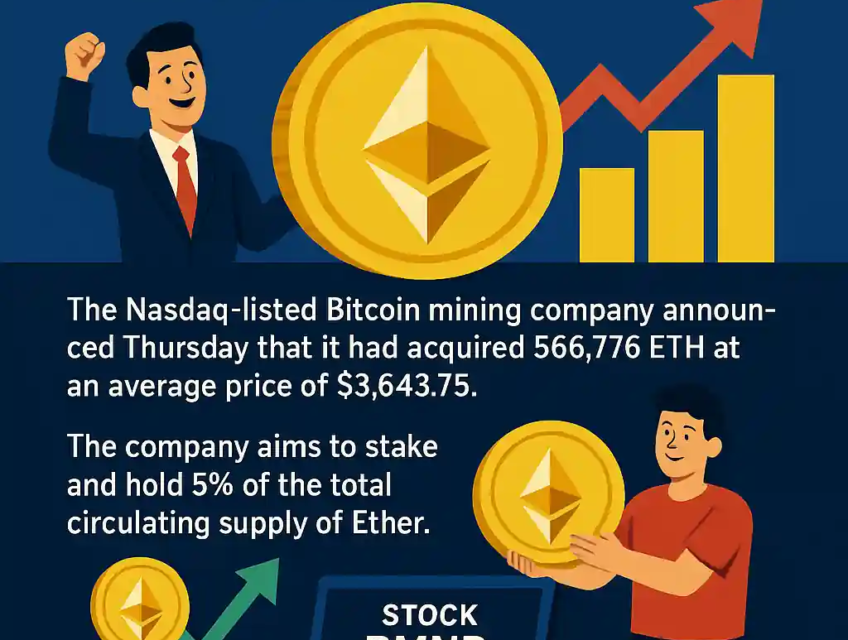 Infographie colorée montrant la stratégie d'accumulation d’Ethereum par BitMine, avec graphiques, ETH et hausse de l’action BMNR.