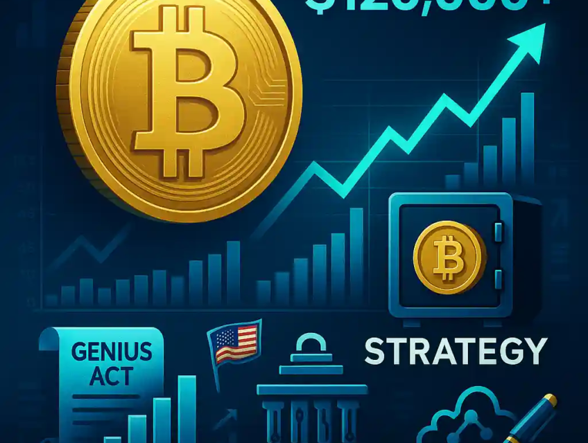 Bitcoin symbol with rising teal chart, vault icon for Strategy, mining rig for Riot Platforms, GENIUS Act scroll, U.S. flag, and cloud-AI symbol.