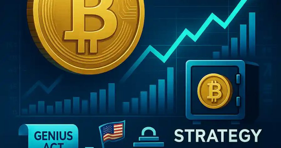 Bitcoin symbol with rising teal chart, vault icon for Strategy, mining rig for Riot Platforms, GENIUS Act scroll, U.S. flag, and cloud-AI symbol.