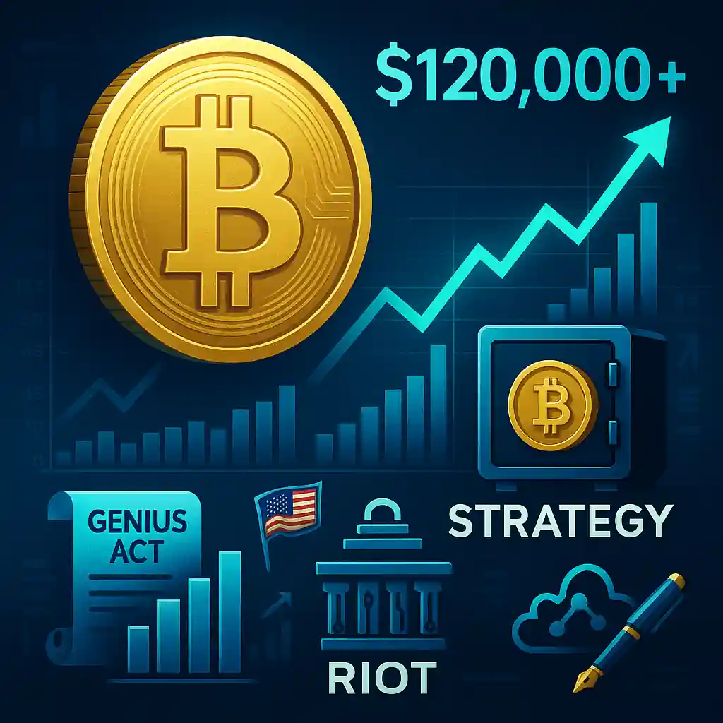 Bitcoin symbol with rising teal chart, vault icon for Strategy, mining rig for Riot Platforms, GENIUS Act scroll, U.S. flag, and cloud-AI symbol.
