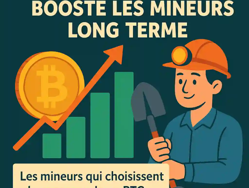 Digital illustration showing Bitcoin miners celebrating rising value, symbolizing HIVE Technologies' HODL strategy success