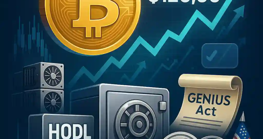 Bitcoin with mining rigs, secure HODL vault, GENIUS Act scroll, stablecoin icons, and a rising chart against a digital finance background.