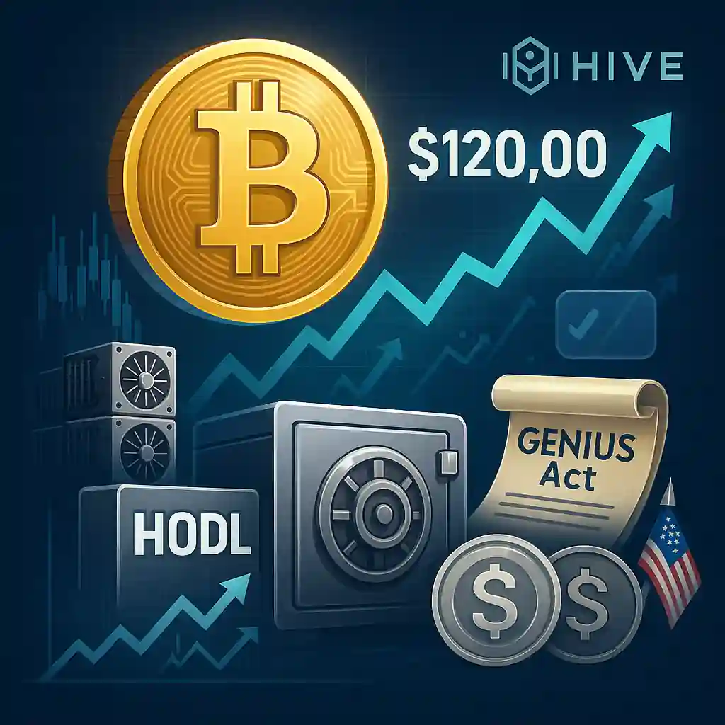 Bitcoin with mining rigs, secure HODL vault, GENIUS Act scroll, stablecoin icons, and a rising chart against a digital finance background.