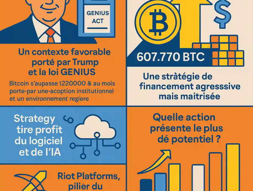 Infographie comparant Strategy (MSTR) et Riot Platforms (RIOT) dans leur implication dans la croissance du Bitcoin en 2025.