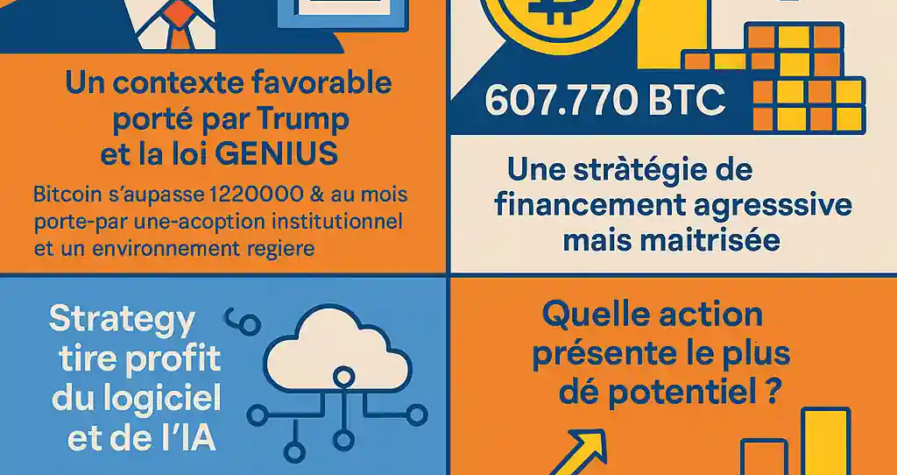 Infographie comparant Strategy (MSTR) et Riot Platforms (RIOT) dans leur implication dans la croissance du Bitcoin en 2025.