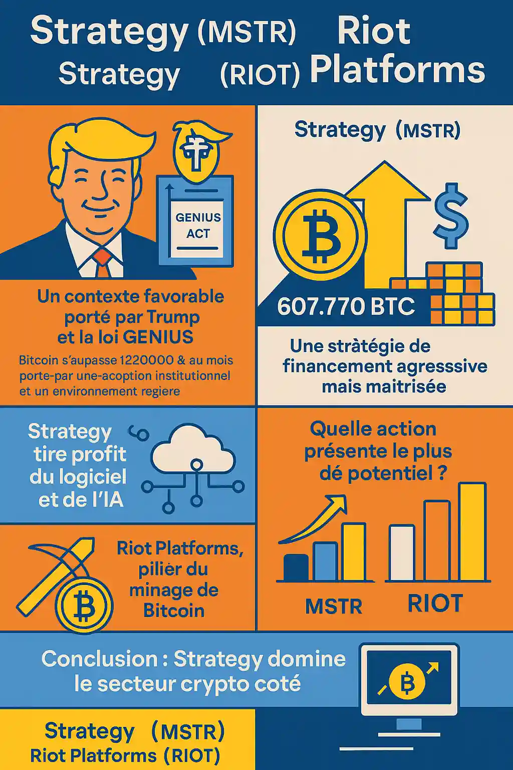 Infographie comparant Strategy (MSTR) et Riot Platforms (RIOT) dans leur implication dans la croissance du Bitcoin en 2025.