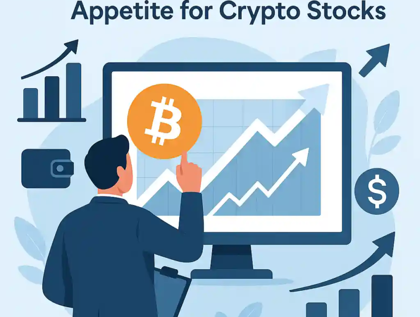 Flat-style digital illustration showing Bitcoin's logo rising with stock charts labeled "MSTR" and "RIOT", symbolizing the crypto stock rally.