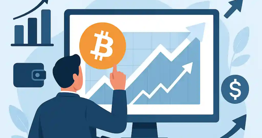 Flat-style digital illustration showing Bitcoin's logo rising with stock charts labeled "MSTR" and "RIOT", symbolizing the crypto stock rally.