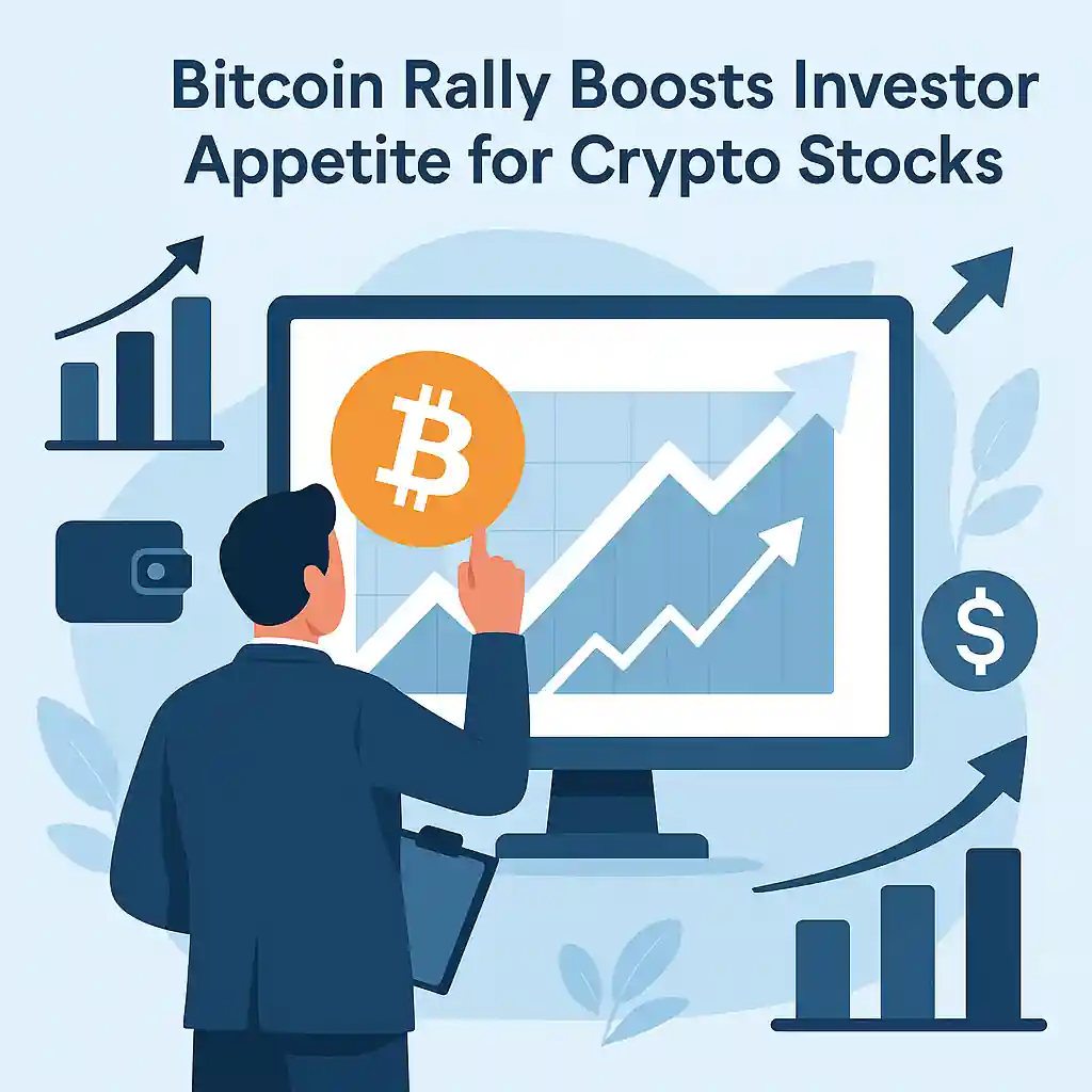 Flat-style digital illustration showing Bitcoin's logo rising with stock charts labeled "MSTR" and "RIOT", symbolizing the crypto stock rally.