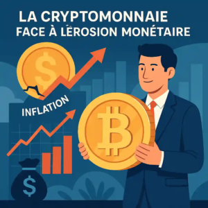Illustration d’un homme tenant un Bitcoin face à l’inflation, avec graphiques et flèches montantes.