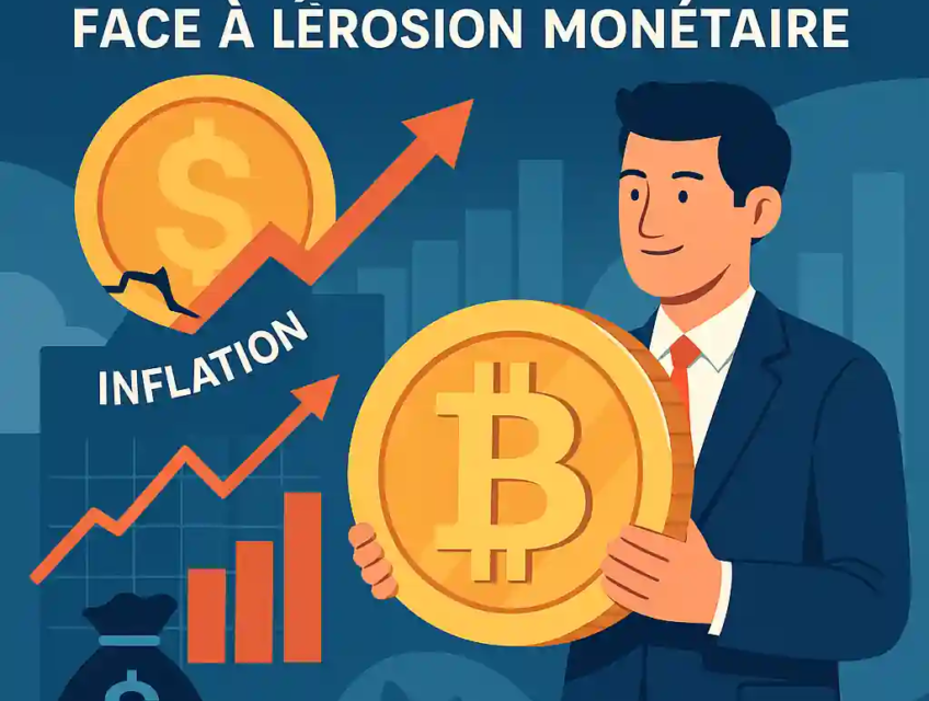 Illustration d’un homme tenant un Bitcoin face à l’inflation, avec graphiques et flèches montantes.