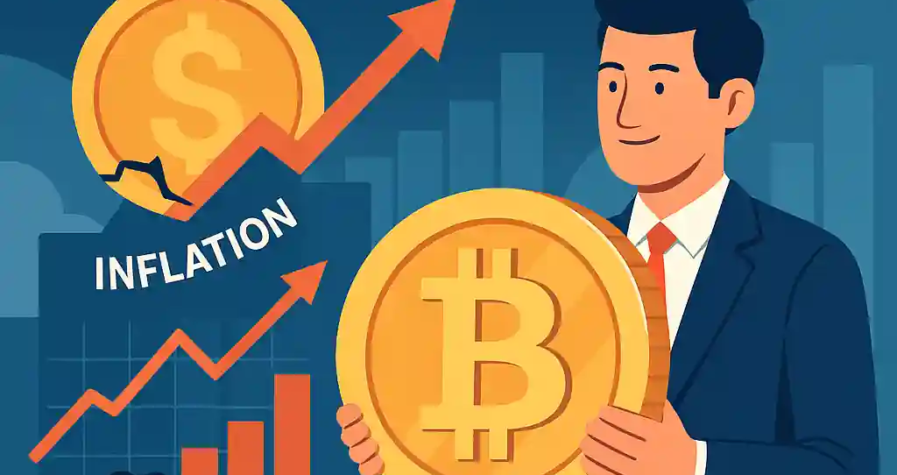 Illustration d’un homme tenant un Bitcoin face à l’inflation, avec graphiques et flèches montantes.