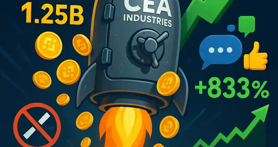 Rocket vault labeled "CEA Industries" blasts upward, scattering BNB tokens with a $1.25B label, a crossed-out tobacco icon, and green stock chart +833%.
