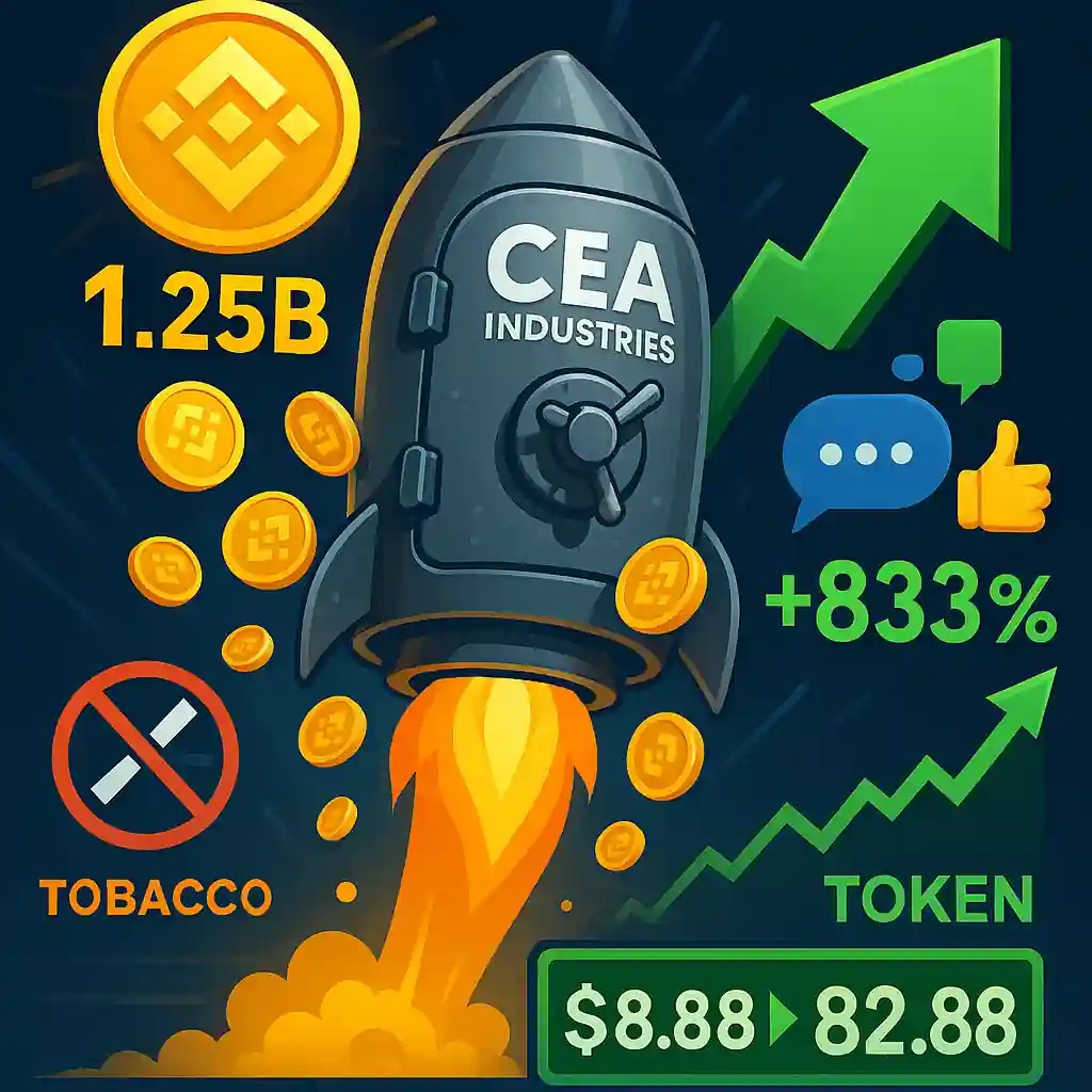 Rocket vault labeled "CEA Industries" blasts upward, scattering BNB tokens with a $1.25B label, a crossed-out tobacco icon, and green stock chart +833%.