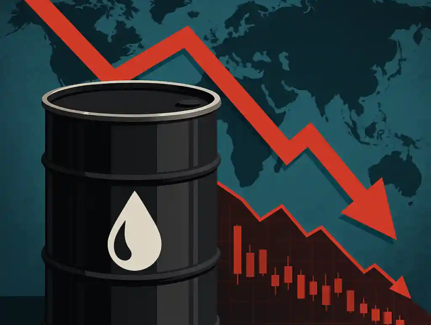 Baril de pétrole noir sur fond de carte du monde avec flèche rouge descendante illustrant la baisse des cours.