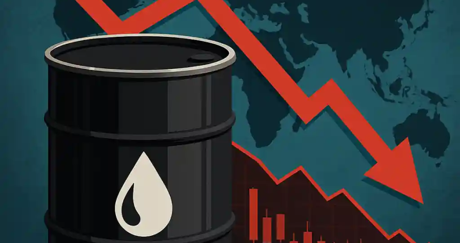 Baril de pétrole noir sur fond de carte du monde avec flèche rouge descendante illustrant la baisse des cours.