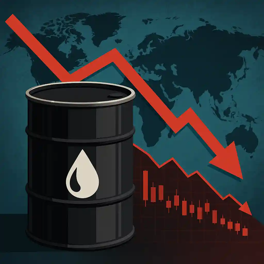 Baril de pétrole noir sur fond de carte du monde avec flèche rouge descendante illustrant la baisse des cours.