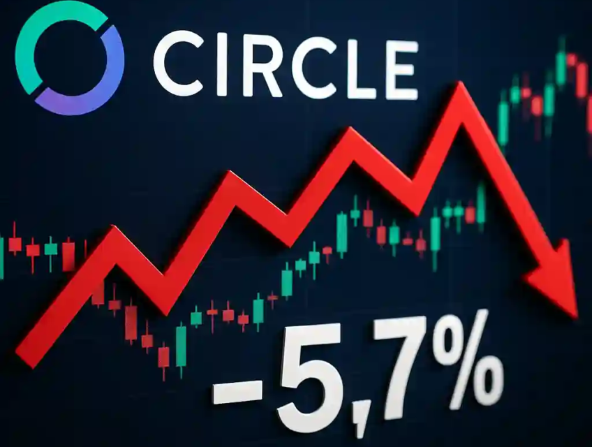 Digital stock market graphic showing Circle’s logo with a red downward arrow and -5.7% text against a candlestick chart background.