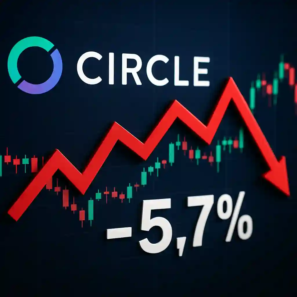 Digital stock market graphic showing Circle’s logo with a red downward arrow and -5.7% text against a candlestick chart background.