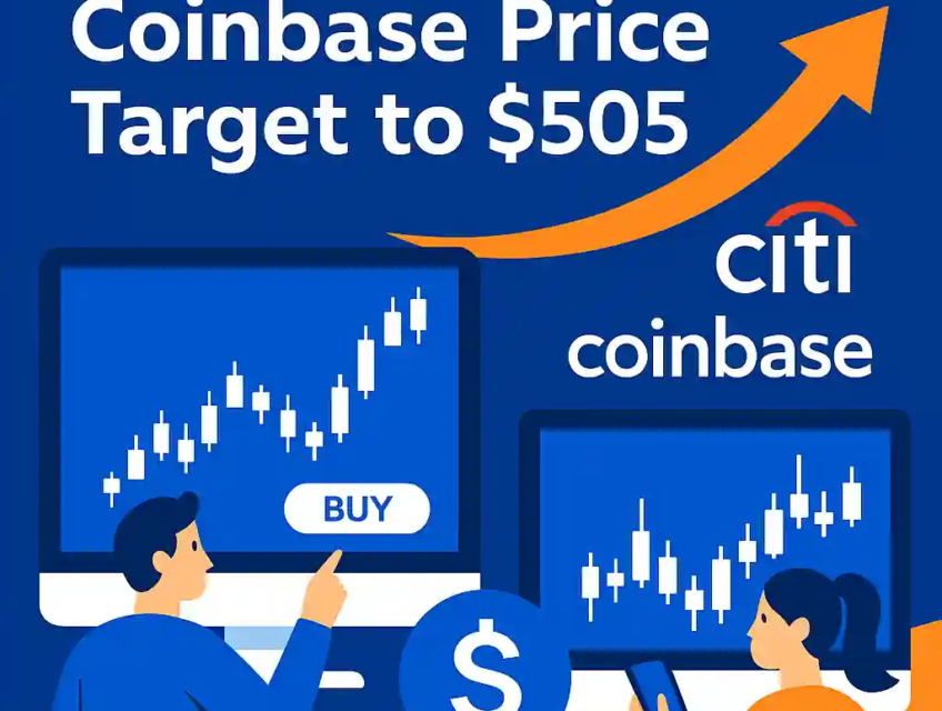 Illustration showing Citigroup increasing Coinbase price target with two traders analyzing bullish charts on computer screens, surrounded by crypto and financial symbols.