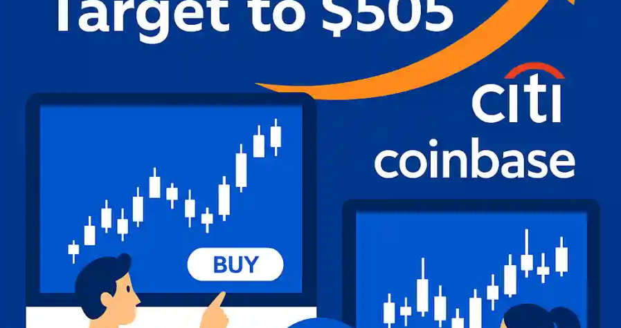 Illustration showing Citigroup increasing Coinbase price target with two traders analyzing bullish charts on computer screens, surrounded by crypto and financial symbols.